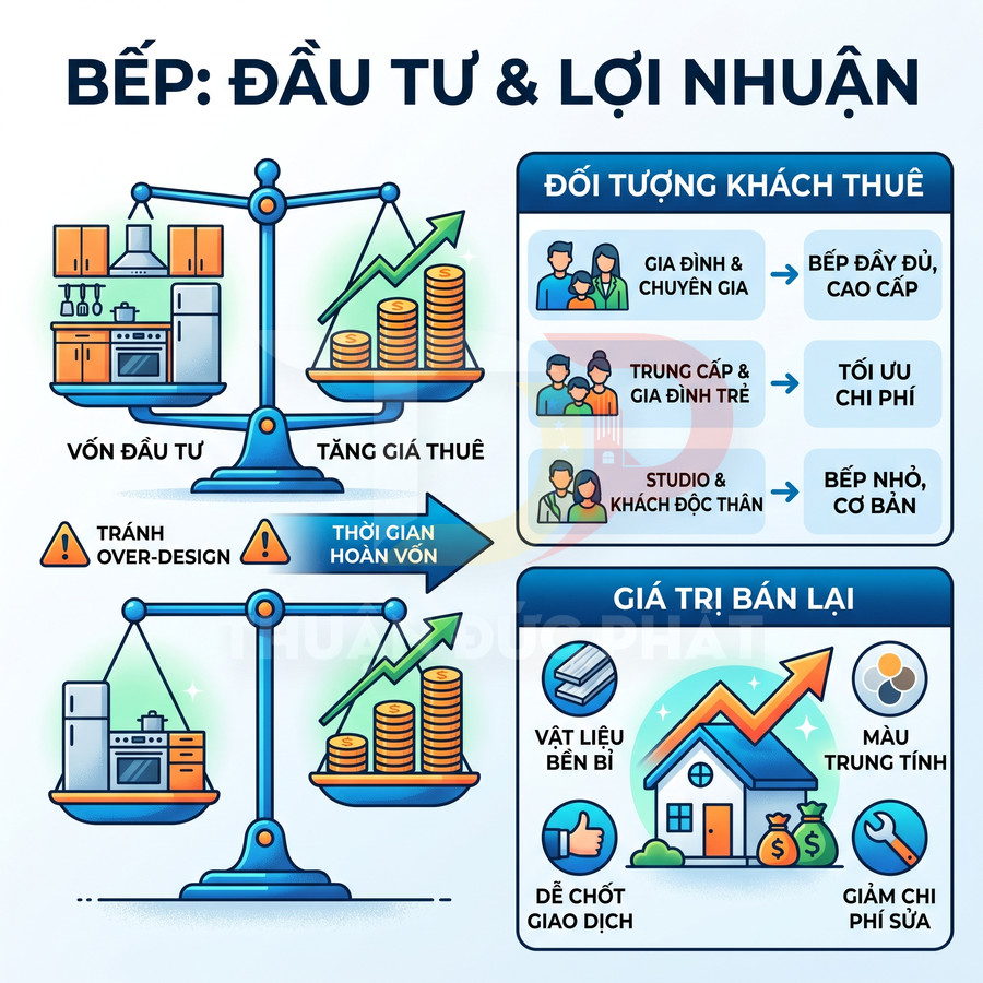 Infographic so sánh đầu tư thiết kế bếp với lợi nhuận cho thuê và giá trị bán lại căn hộ
