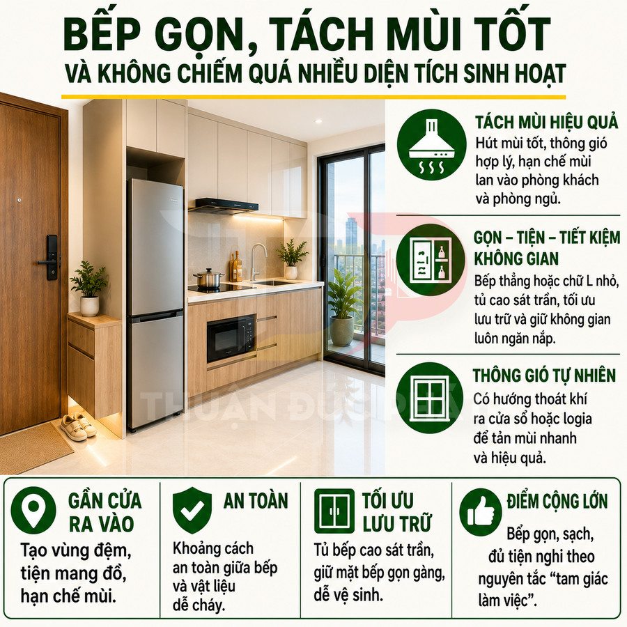 Gian bếp chung cư nhỏ gọn với tủ bếp gỗ, bếp từ, máy hút mùi, tủ lạnh và lò vi sóng hiện đại cạnh cửa ban công