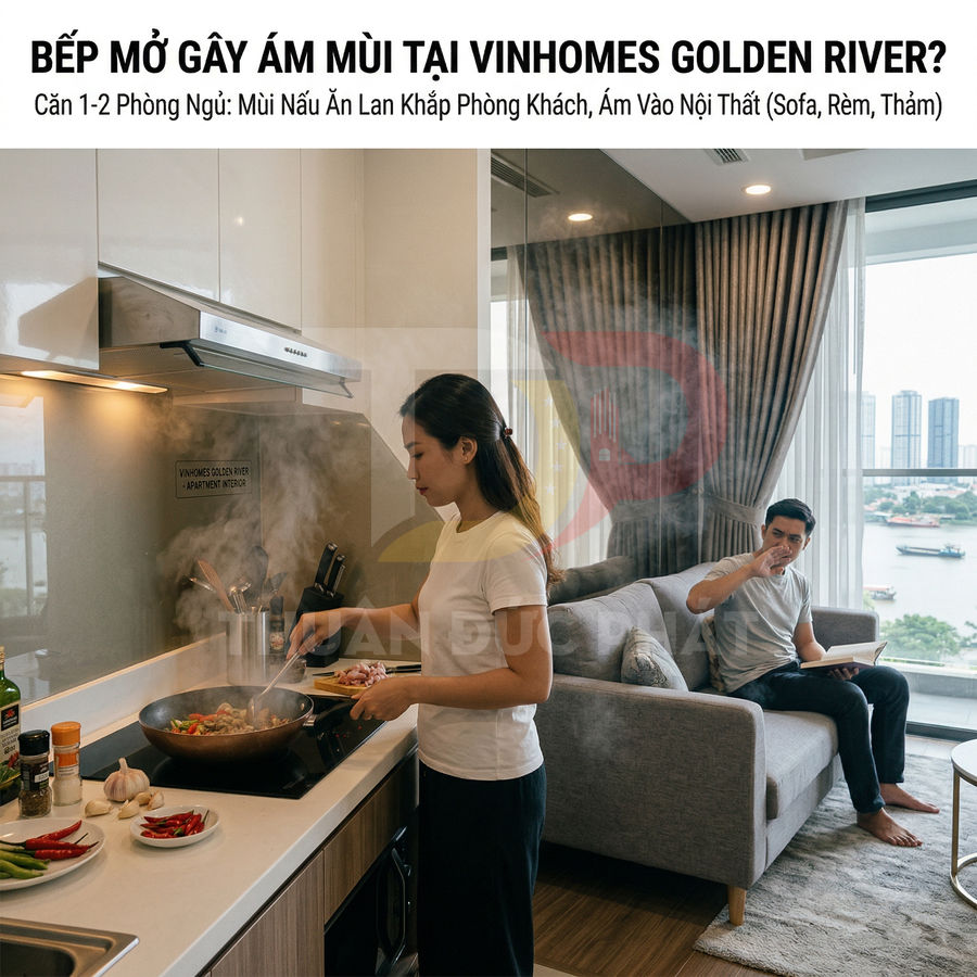 Căn bếp mở trong căn hộ Vinhomes Golden River với người phụ nữ nấu ăn cạnh phòng khách có sofa