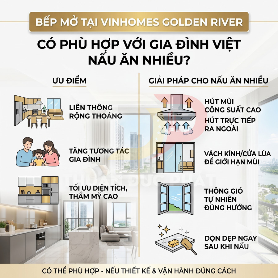 Thiết kế bếp mở tại Vinhomes Golden River với giải pháp hút mùi, vách kính và thông gió cho gia đình nấu ăn nhiều