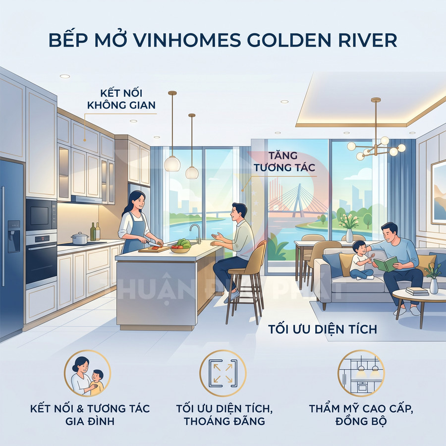 Bếp mở Vinhomes Golden River hiện đại, tối ưu diện tích, kết nối không gian sinh hoạt gia đình