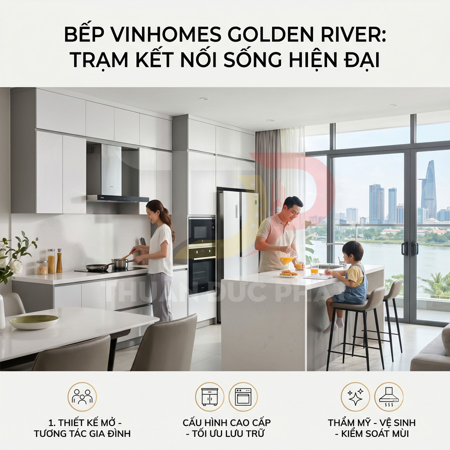 Bếp Vinhomes Golden River hiện đại với gia đình nấu ăn, bàn đảo và tủ bếp cao cấp nhìn ra sông và thành phố
