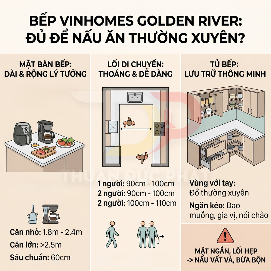 Minh họa thiết kế bếp Vinhomes Golden River với mặt bàn, lối di chuyển và tủ bếp lưu trữ thông minh