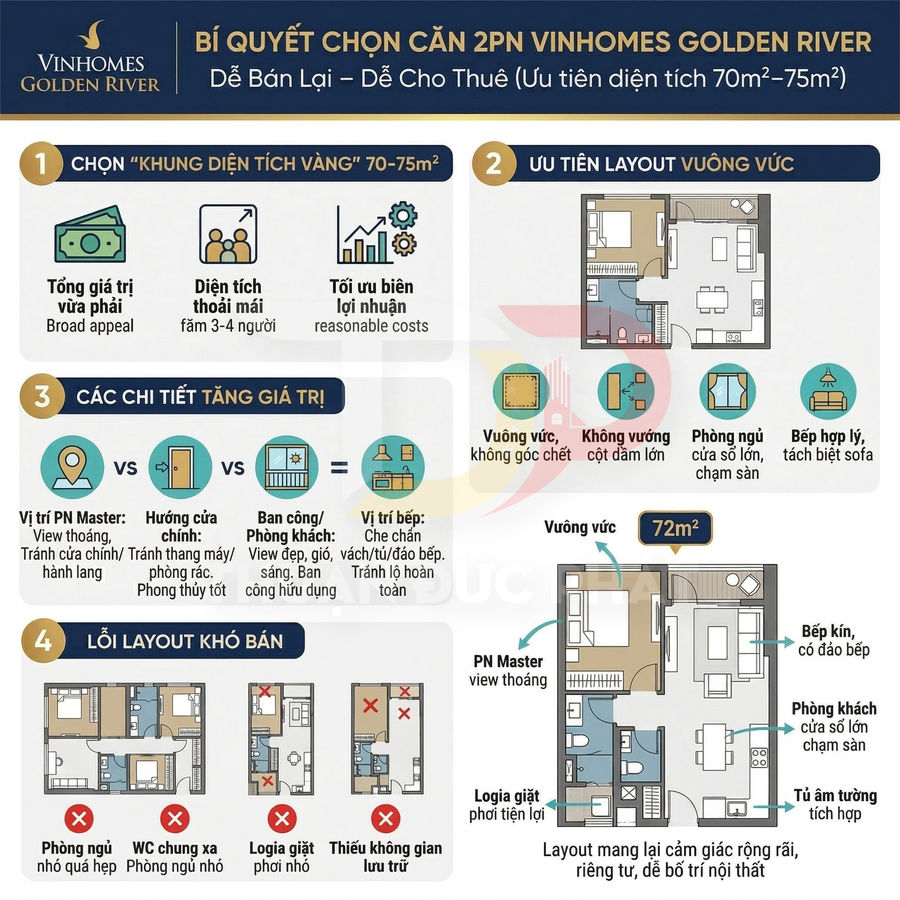 Infographic bí quyết chọn căn hộ 2 phòng ngủ Vinhomes Golden River diện tích 70 75m2 tối ưu bán và cho thuê