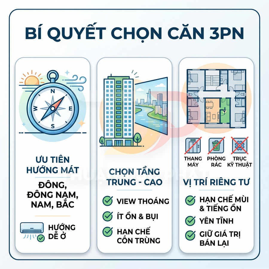 Infographic bí quyết chọn căn hộ 3 phòng ngủ với hướng mát, tầng trung cao và vị trí riêng tư yên tĩnh