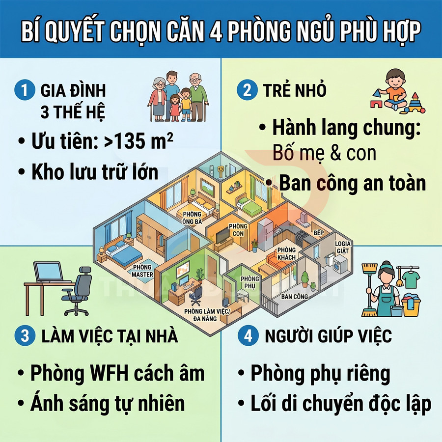 Bí quyết chọn căn hộ 4 phòng ngủ cho gia đình 3 thế hệ, trẻ nhỏ, làm việc tại nhà và người giúp việc