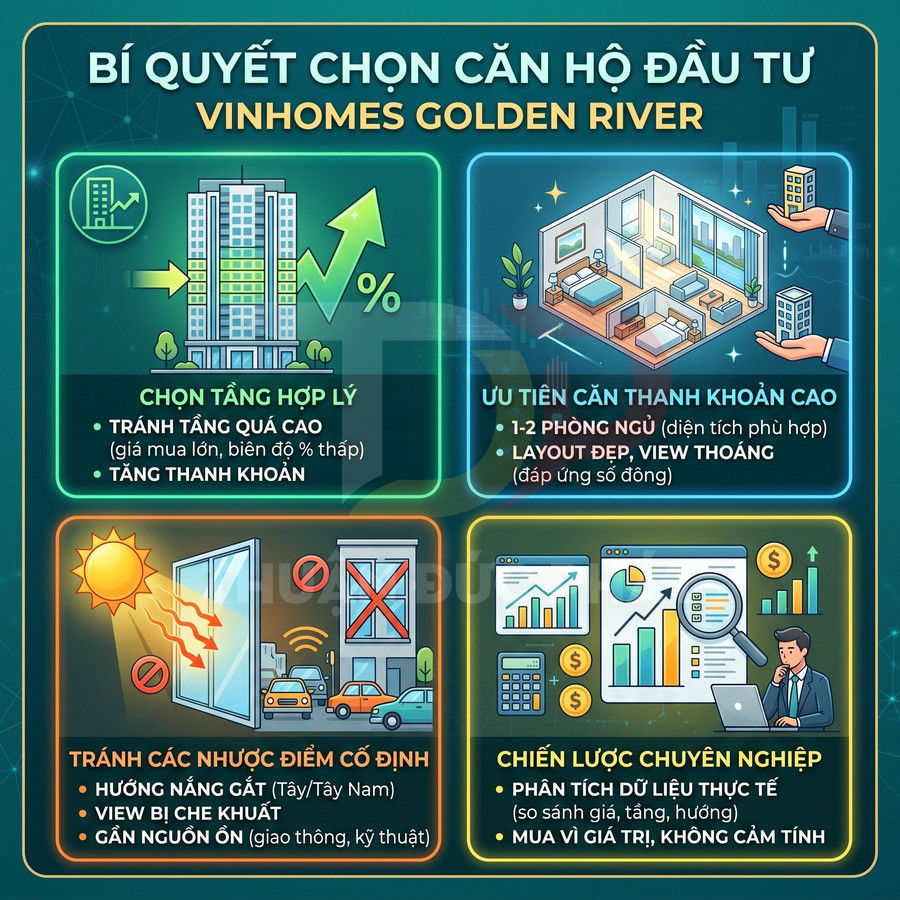 Infographic bí quyết chọn căn hộ đầu tư Vinhomes Golden River với các tiêu chí tăng giá, thanh khoản và chiến lược chuyên nghiệp