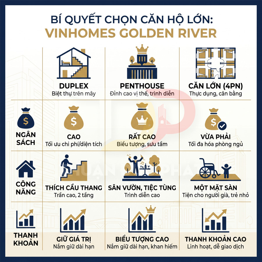 Infographic bí quyết chọn căn hộ lớn Vinhomes Golden River với so sánh duplex, penthouse và căn hộ 4 phòng ngủ