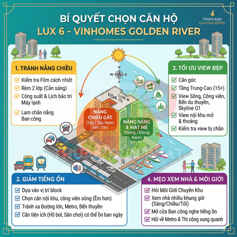 Infographic bí quyết chọn căn hộ LUX 6 Vinhomes Golden River với minh họa tòa nhà, sông, công viên, metro