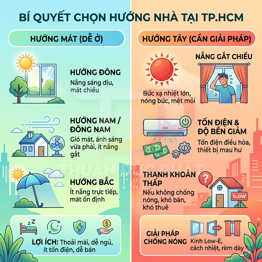 Infographic bí quyết chọn hướng nhà tại TP.HCM, so sánh hướng mát dễ ở và hướng tây cần giải pháp chống nóng