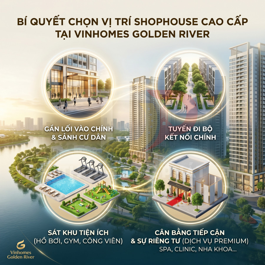 Thiết kế shophouse cao cấp tại Vinhomes Golden River với vị trí gần sảnh cư dân, tiện ích và lối đi bộ chính