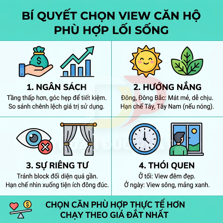 Infographic bí quyết chọn view căn hộ theo ngân sách, hướng nắng, sự riêng tư và thói quen sinh hoạt
