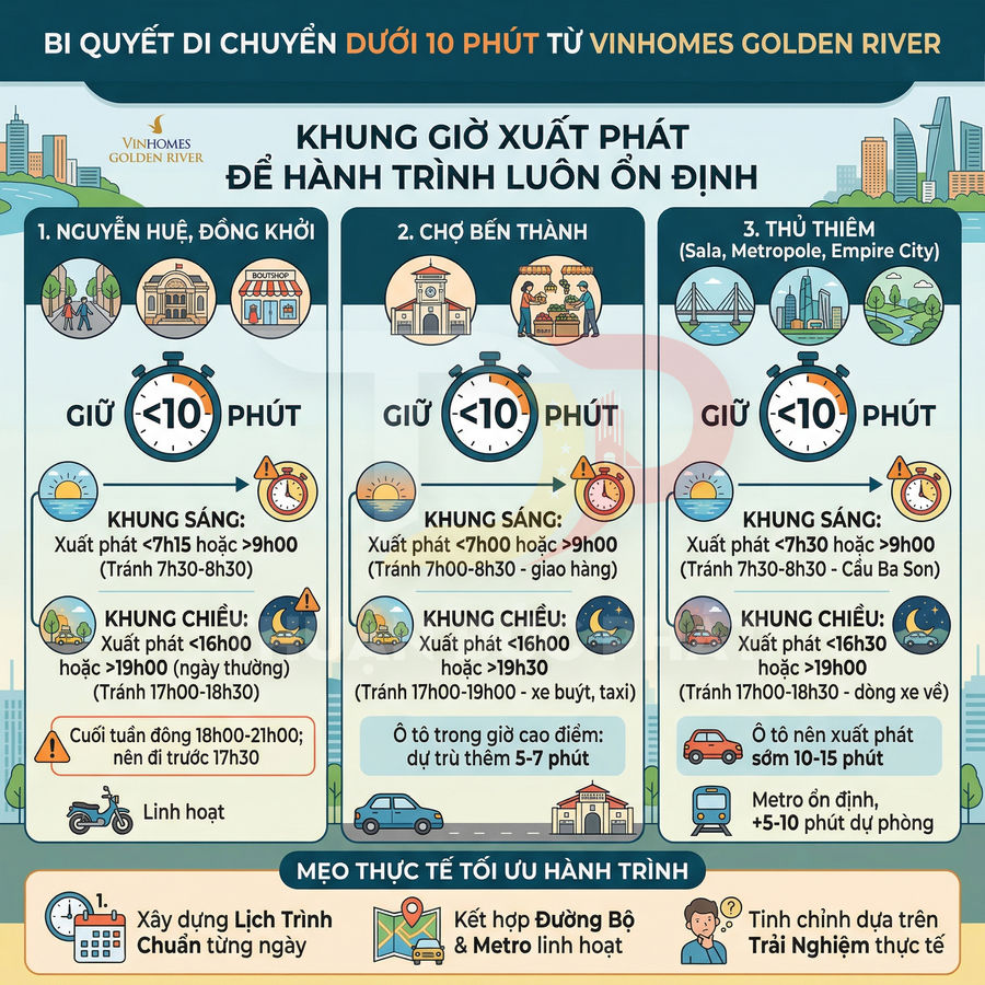 Infographic khung giờ di chuyển dưới 10 phút từ Vinhomes Golden River đến Nguyễn Huệ, chợ Bến Thành và Thủ Thiêm