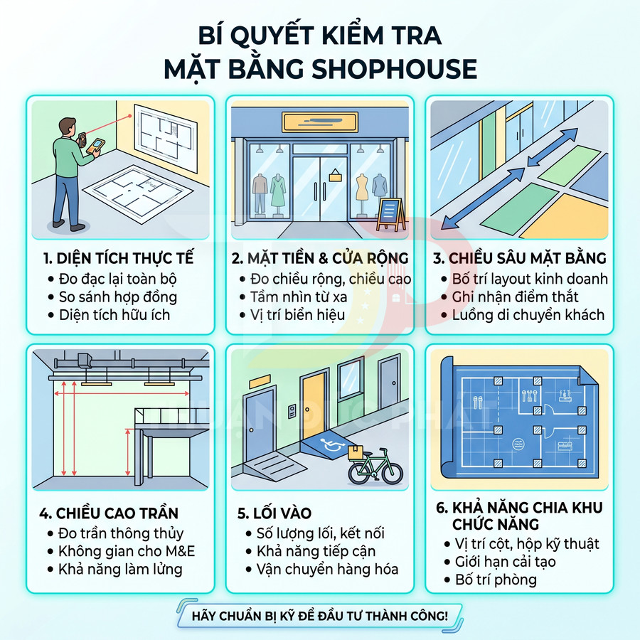 Bí quyết kiểm tra mặt bằng shophouse với 6 tiêu chí đánh giá diện tích, mặt tiền, chiều sâu, trần, lối vào và chia khu chức năng