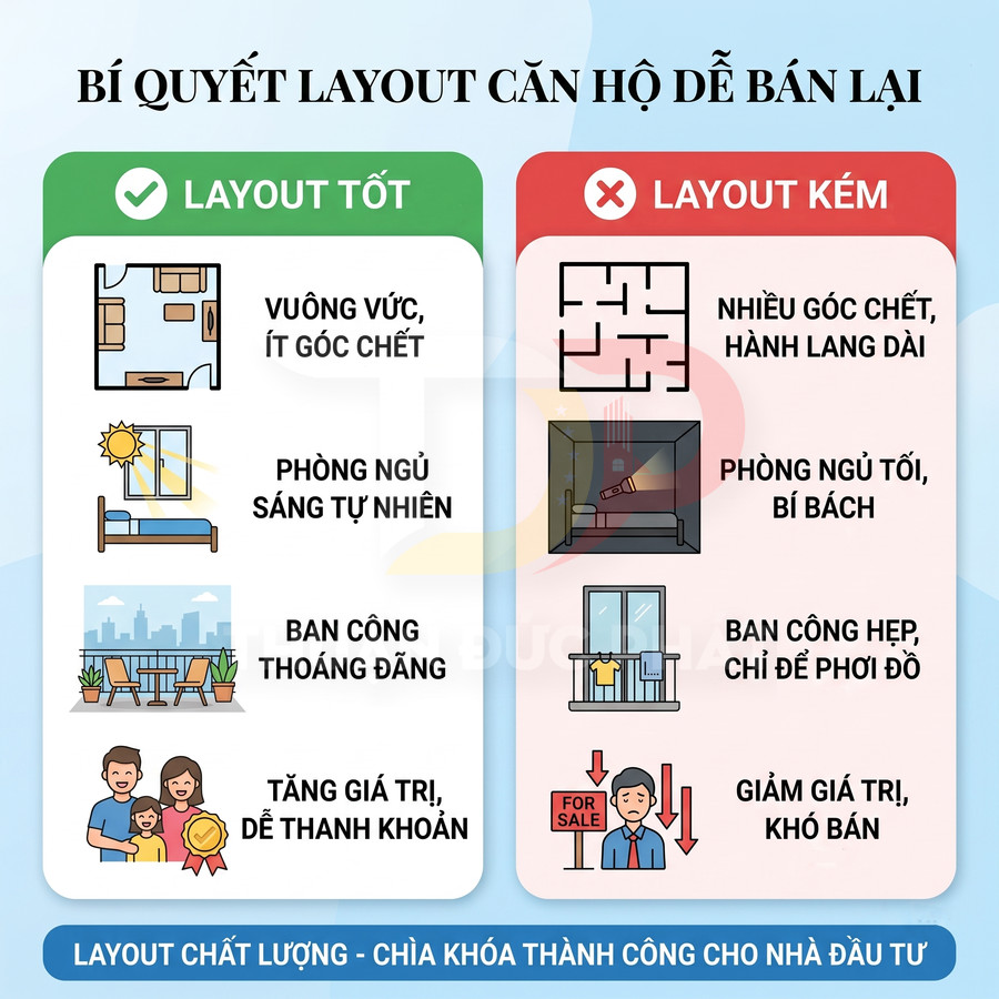 So sánh layout căn hộ tốt và layout kém với minh họa phòng ngủ, ban công và giá trị bán lại