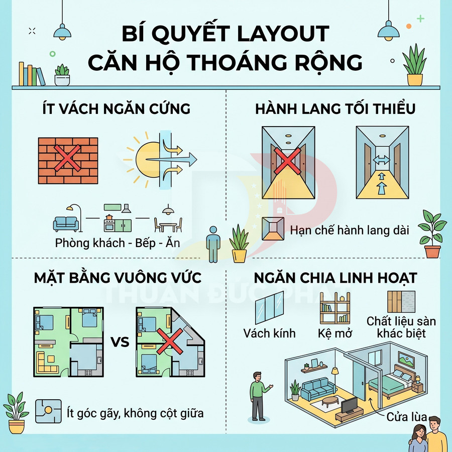 Infographic bí quyết bố trí layout căn hộ thoáng rộng với ít vách ngăn, hành lang tối thiểu và ngăn chia linh hoạt