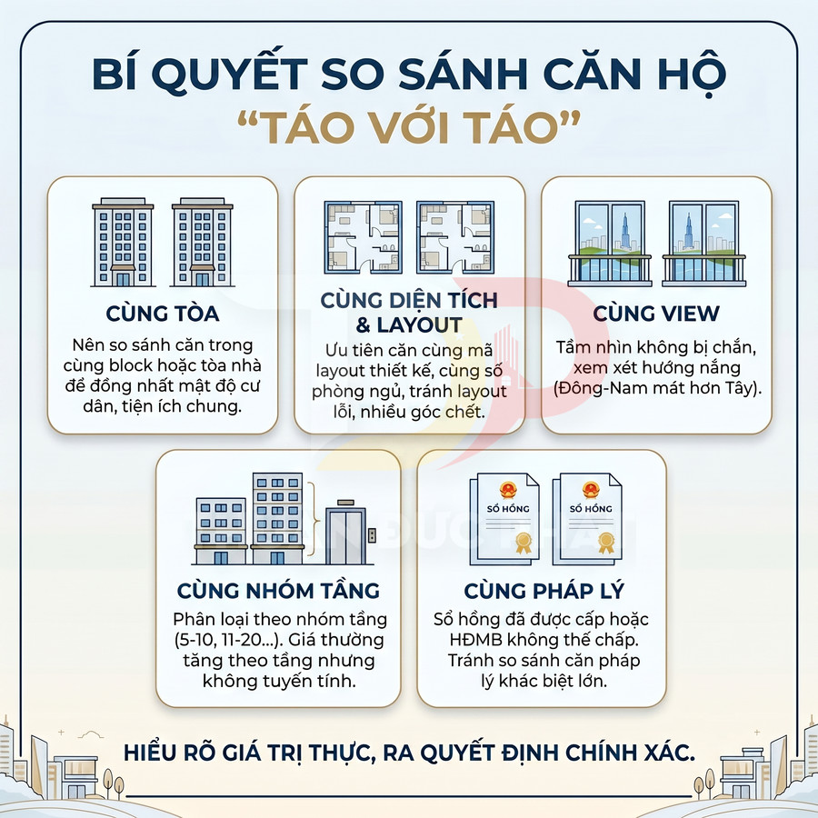 Infographic bí quyết so sánh căn hộ chung cư theo cùng tòa, diện tích, view, nhóm tầng và pháp lý