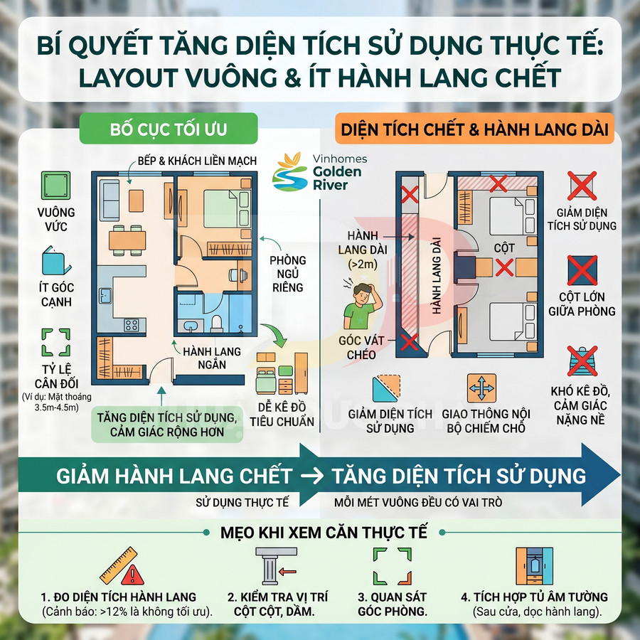 Infographic Vinhomes Golden River hướng dẫn bố trí căn hộ layout vuông, giảm hành lang chết để tăng diện tích sử dụng