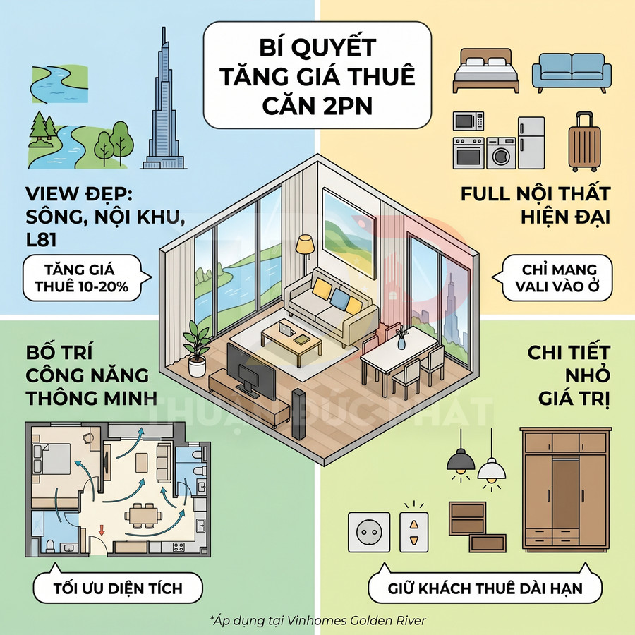 Infographic bí quyết tăng giá thuê căn hộ 2 phòng ngủ tại Vinhomes Golden River với nội thất hiện đại và bố trí thông minh