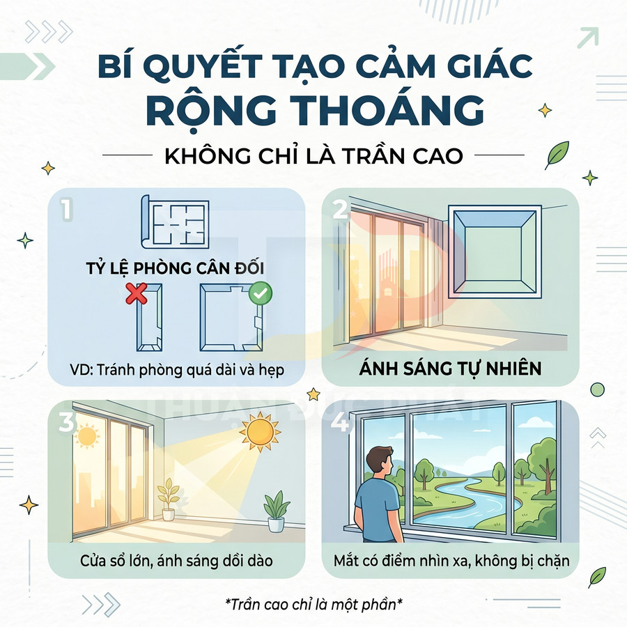 Infographic bí quyết thiết kế phòng rộng thoáng với tỷ lệ phòng cân đối, cửa sổ lớn và nhiều ánh sáng tự nhiên