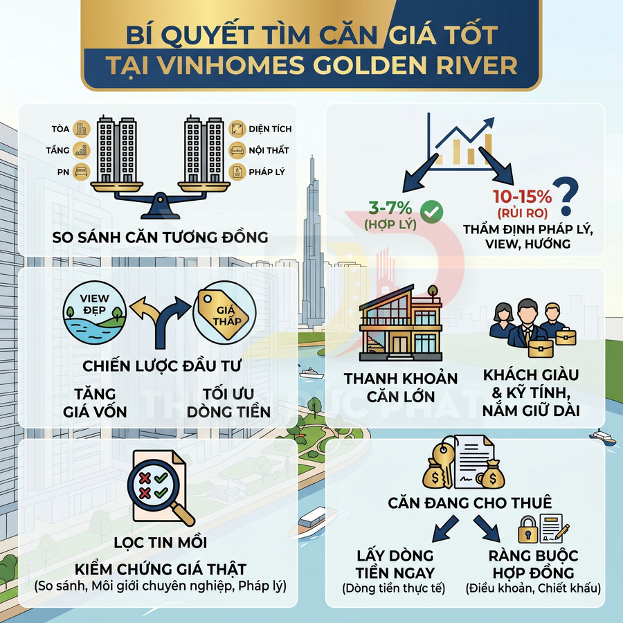 Infographic bí quyết tìm căn hộ giá tốt tại Vinhomes Golden River với các chiến lược đầu tư và cho thuê