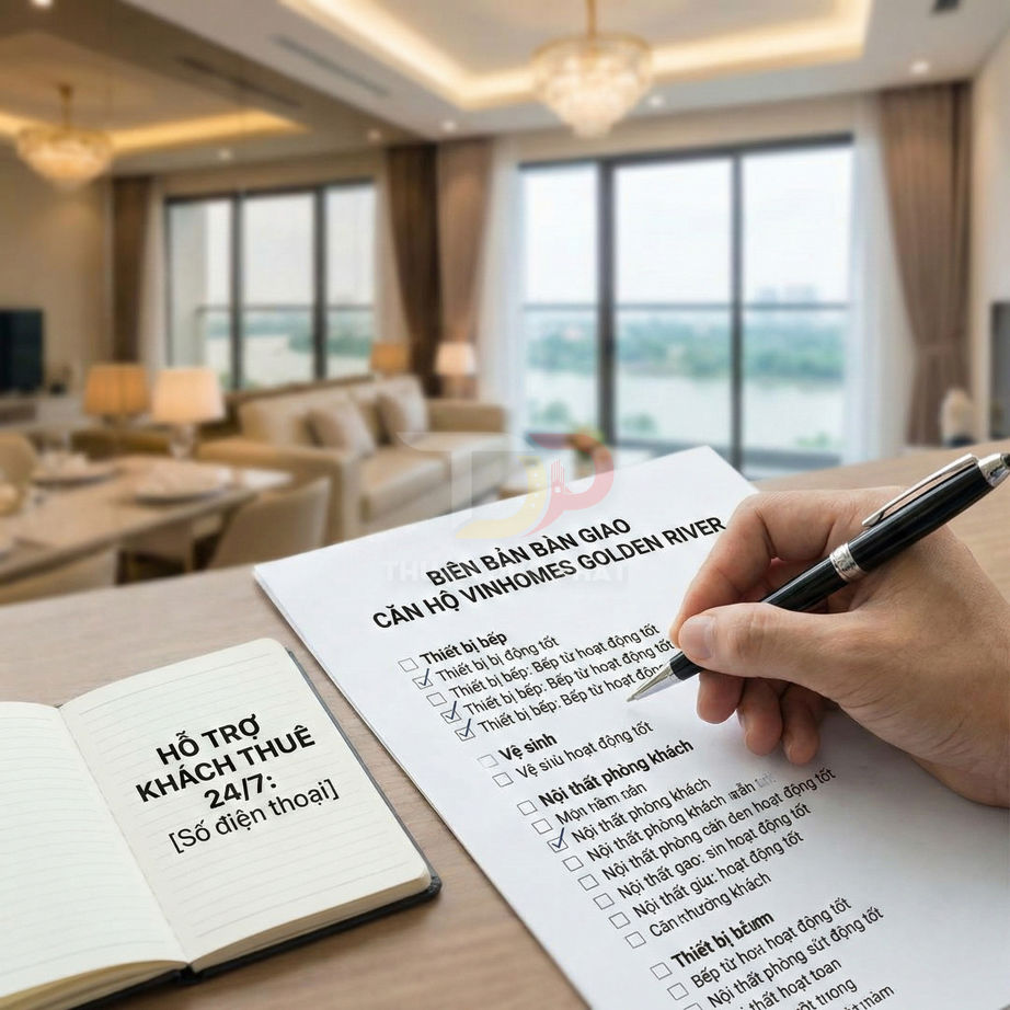 Biên bản bàn giao căn hộ Vinhomes Golden River và sổ hỗ trợ khách thuê đặt trên bàn trong phòng khách cao cấp