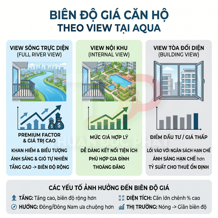 Infographic so sánh biên độ giá căn hộ Aqua theo view sông, view nội khu và view tòa đối diện