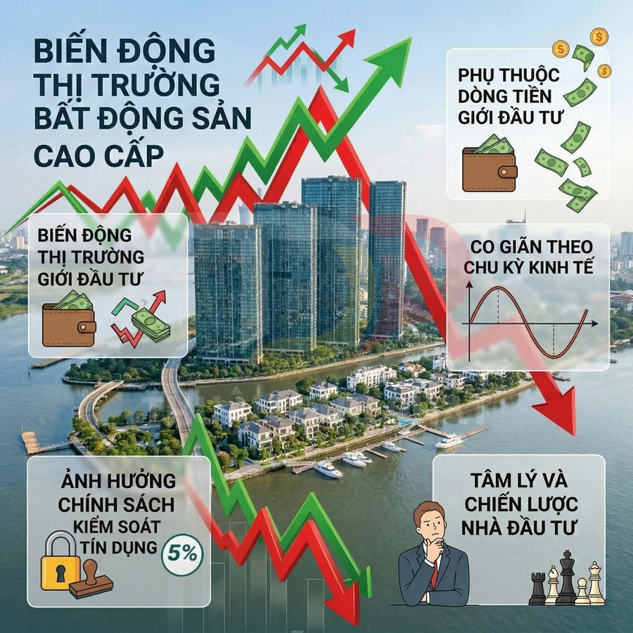 Biến động thị trường bất động sản cao cấp với đồ thị tăng giảm trên nền khu căn hộ ven sông