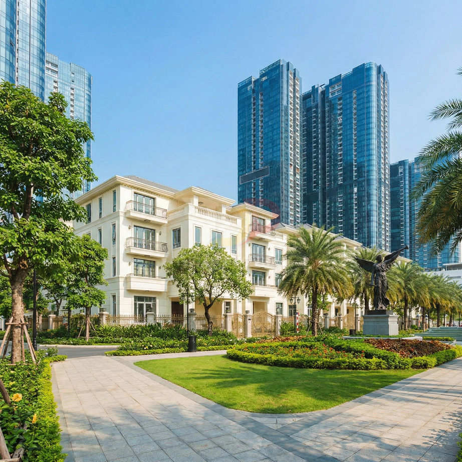 Biệt thự cao cấp với sân vườn xanh mát nằm cạnh các tòa nhà chung cư cao tầng hiện đại