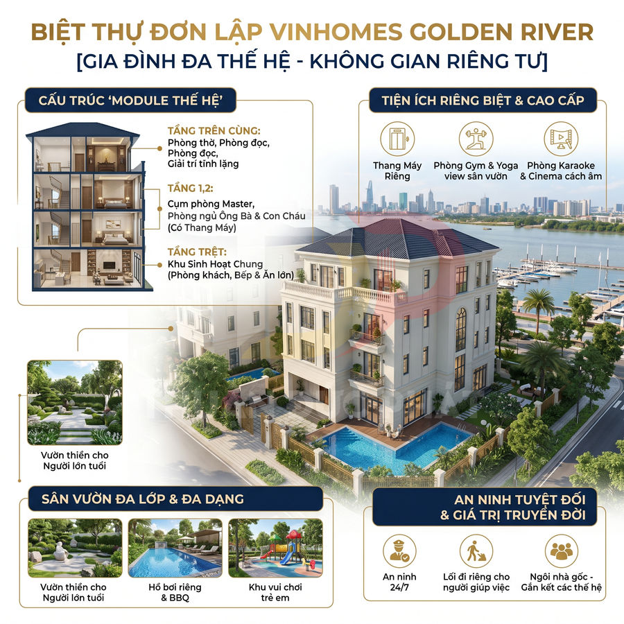 Biệt thự đơn lập Vinhomes Golden River với hồ bơi riêng, sân vườn đa lớp và tiện ích cao cấp cho gia đình đa thế hệ