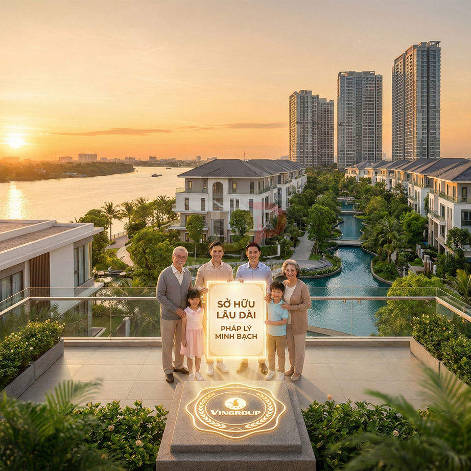 Gia đình đứng trên ban công khu biệt thự cao cấp Vingroup ven sông lúc hoàng hôn