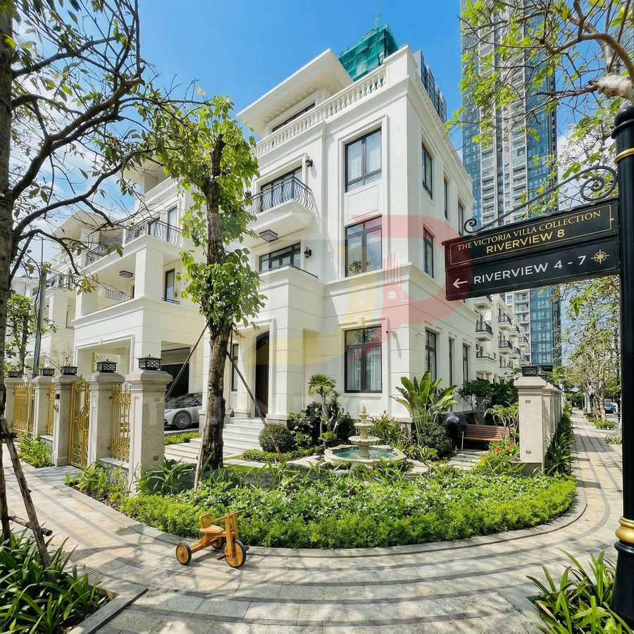 Biệt thự Victoria Villa Collection Riverview 8 với sân vườn xanh và đài phun nước trước nhà