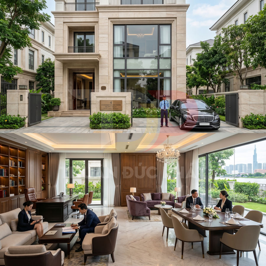 Biệt thự cao cấp mặt tiền đá cùng nội thất phòng khách và phòng làm việc sang trọng cạnh sông