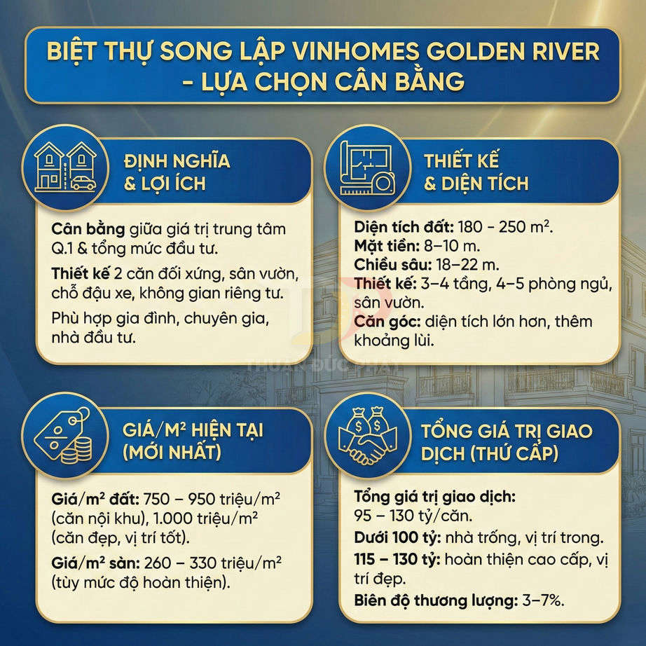 Thông tin tổng quan biệt thự song lập Vinhomes Golden River về thiết kế, diện tích, giá bán và tổng giá trị giao dịch