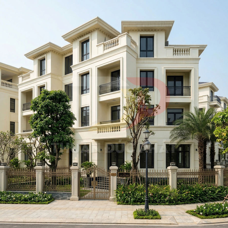 Biệt thự cao cấp nhiều tầng màu trắng với ban công rộng và sân vườn cây xanh phía trước
