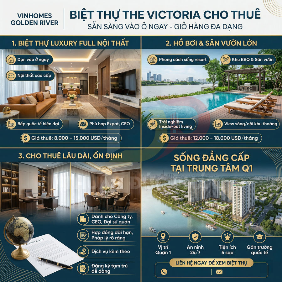 Biệt thự Vinhomes Golden River The Victoria cho thuê, nội thất cao cấp, hồ bơi và tiện ích sang trọng trung tâm Quận 1