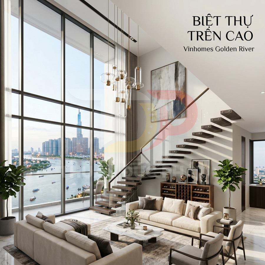 Phòng khách biệt thự trên cao Vinhomes Golden River với cửa kính lớn view sông và nội thất sang trọng