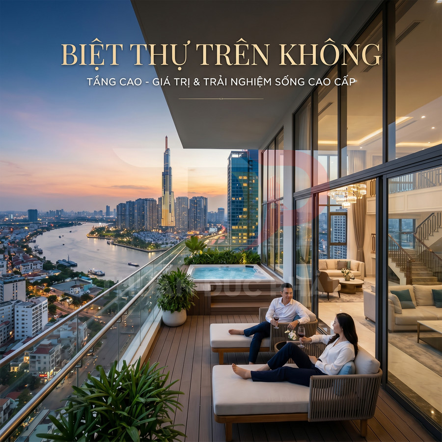 Biệt thự trên không cao cấp với ban công rộng, bể jacuzzi và view toàn cảnh sông và thành phố lúc hoàng hôn