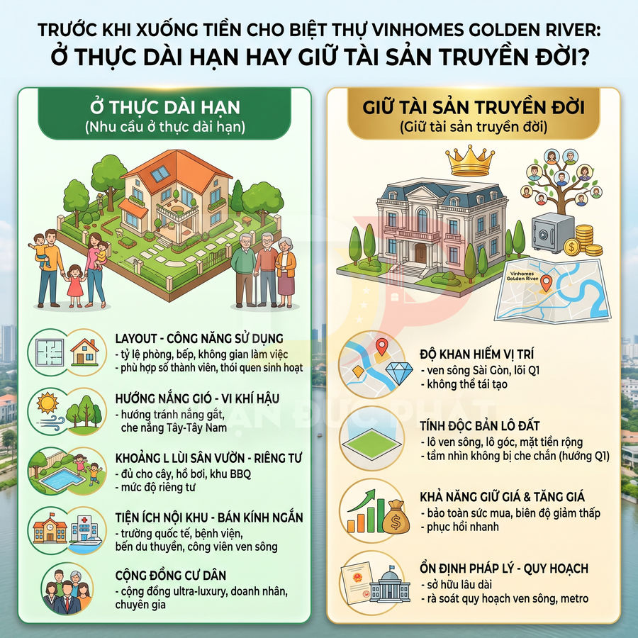 Infographic so sánh mua biệt thự Vinhomes Golden River để ở thực dài hạn hoặc giữ tài sản truyền đời