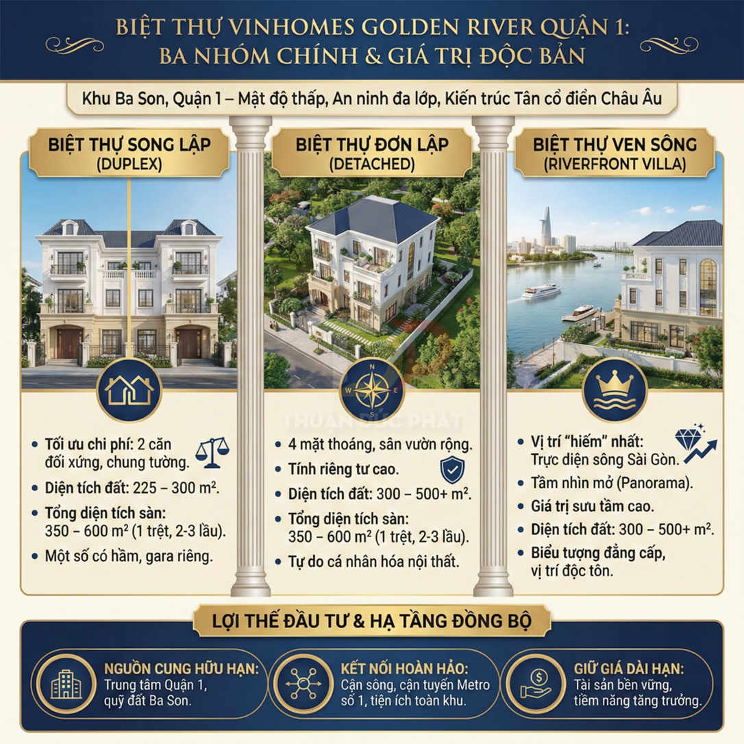 Biệt thự Vinhomes Golden River Quận 1 với ba loại song lập, đơn lập và ven sông cao cấp