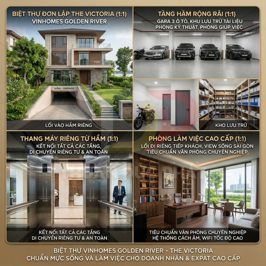Biệt thự đơn lập The Victoria Vinhomes Golden River với gara ô tô, thang máy riêng và phòng làm việc cao cấp view sông