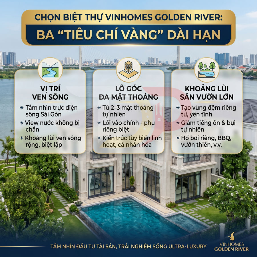 Biệt thự Vinhomes Golden River ven sông Sài Gòn với hồ bơi riêng và sân vườn rộng, không gian sống sang trọng