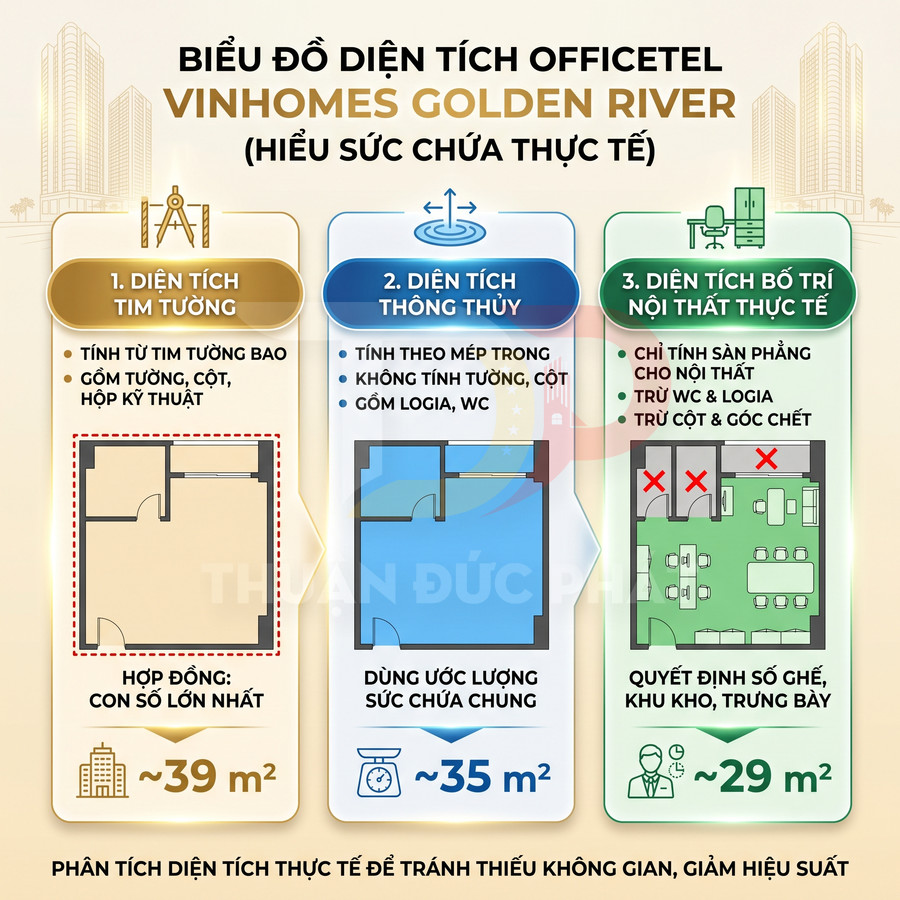 Biểu đồ so sánh diện tích officetel Vinhomes Golden River: tim tường 39m2, thông thủy 35m2, nội thất thực tế 29m2