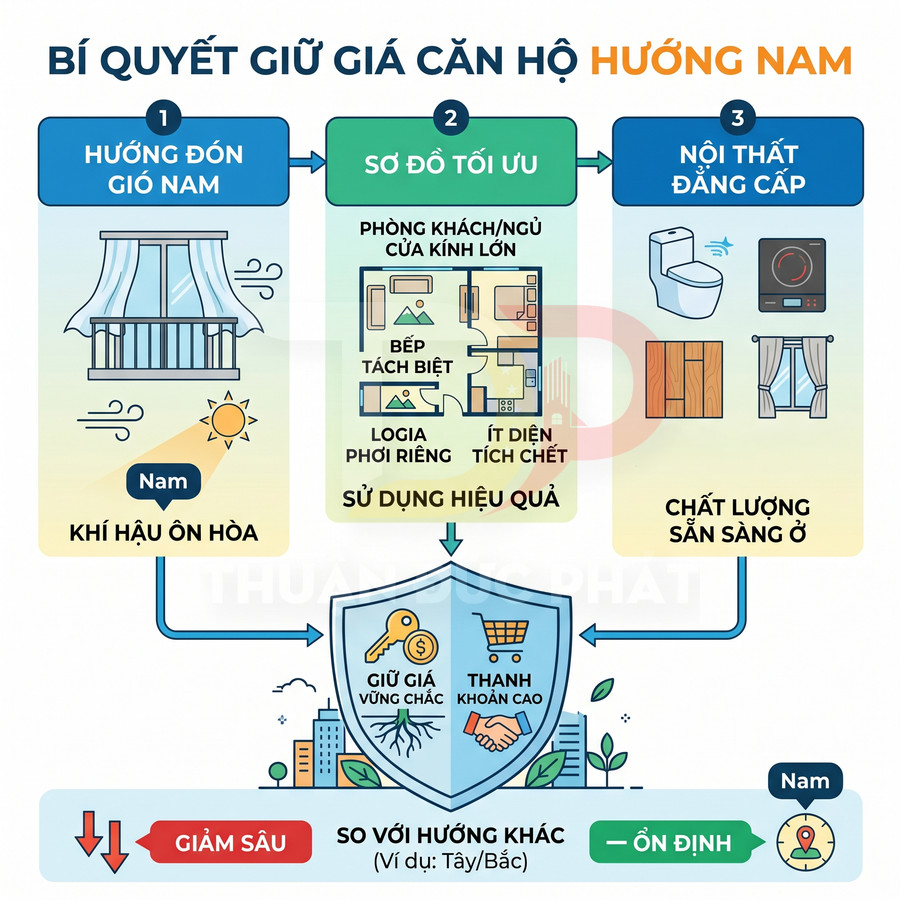 Infographic bí quyết giữ giá căn hộ hướng Nam với hướng gió mát, sơ đồ tối ưu và nội thất cao cấp