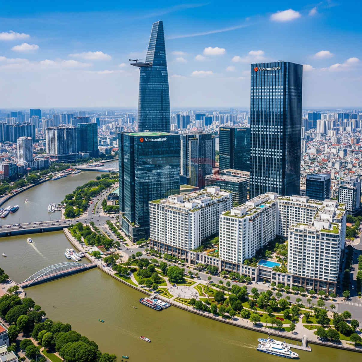Tòa nhà Vietcombank và Bitexco bên sông Sài Gòn trong khu đô thị cao tầng hiện đại