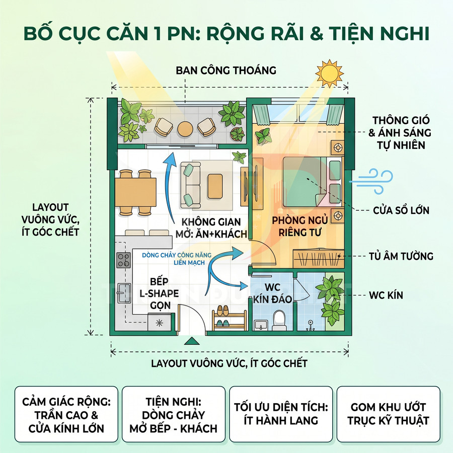 Mặt bằng căn hộ 1 phòng ngủ rộng rãi với ban công thoáng, bếp L-shape, phòng khách liên thông và phòng ngủ riêng tư