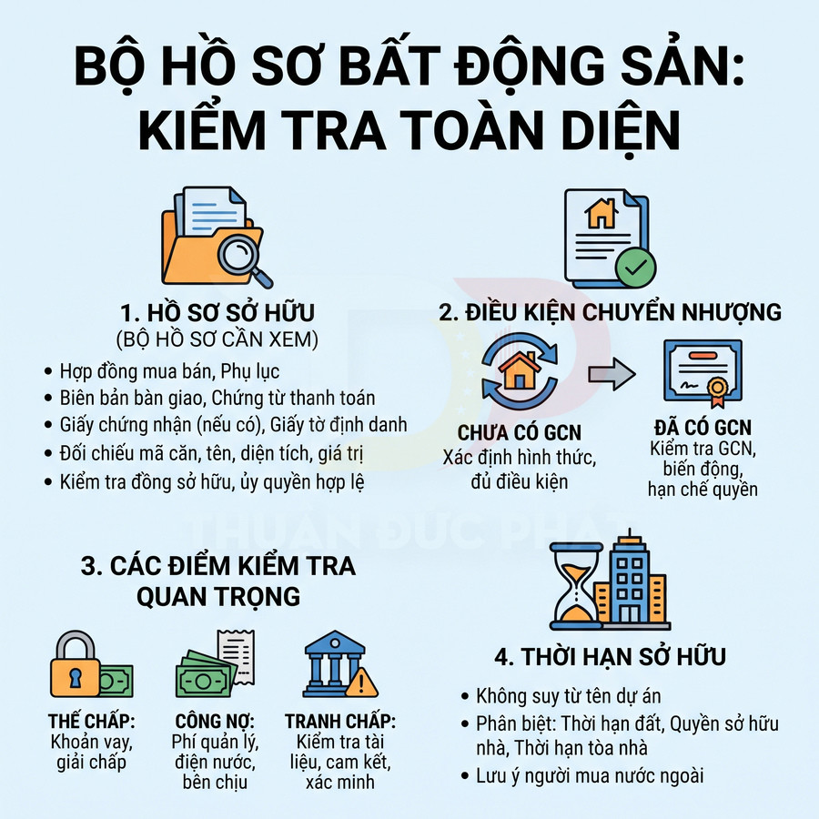 Hướng dẫn kiểm tra hồ sơ bất động sản, điều kiện chuyển nhượng, thế chấp, công nợ, tranh chấp và thời hạn sở hữu