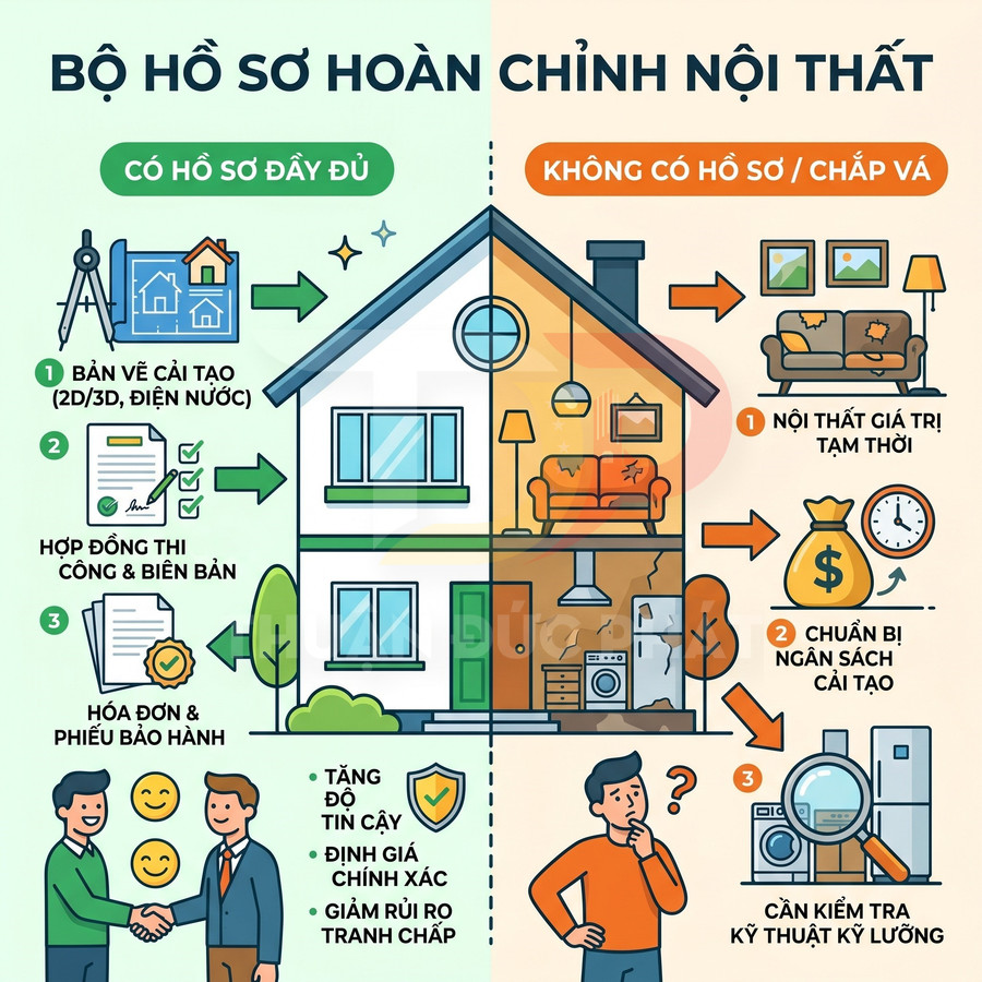 So sánh nhà có bộ hồ sơ hoàn chỉnh nội thất và nhà không có hồ sơ, minh họa lợi ích khi cải tạo nhà