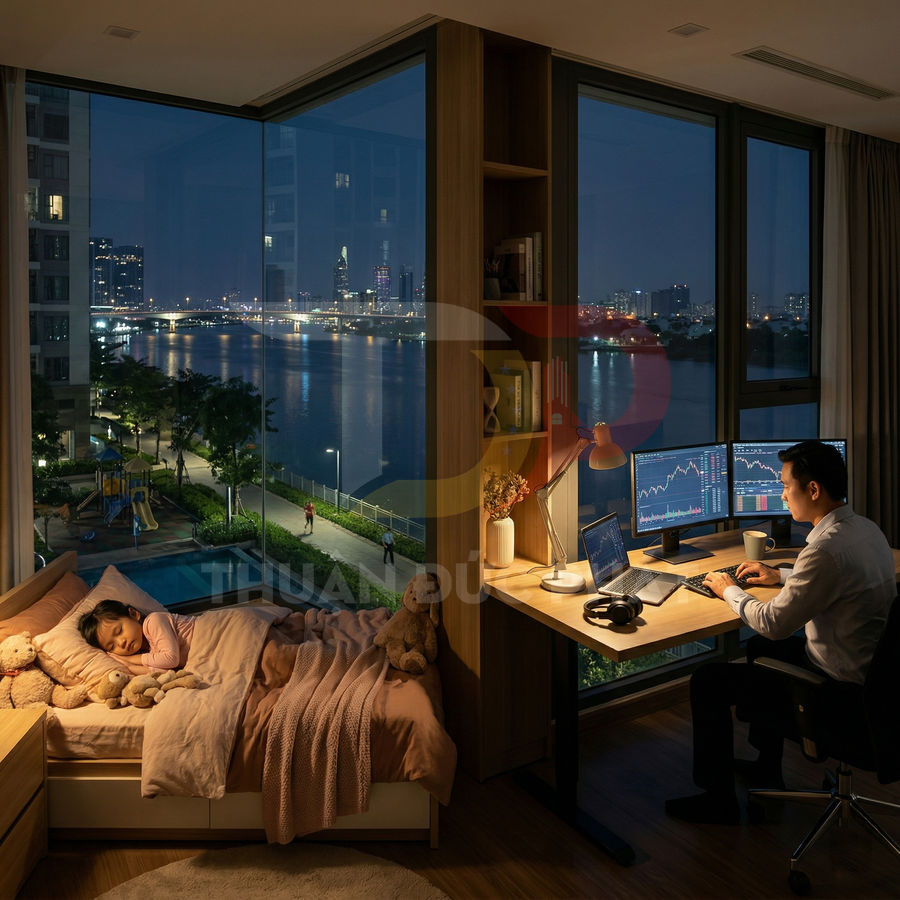 Người đàn ông làm việc với hai màn hình máy tính cạnh giường ngủ trẻ em trong căn hộ nhìn ra sông ban đêm