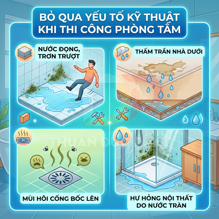 Minh họa các sự cố phòng tắm do thi công sai kỹ thuật như đọng nước, thấm trần, mùi hôi cống và hư hỏng nội thất